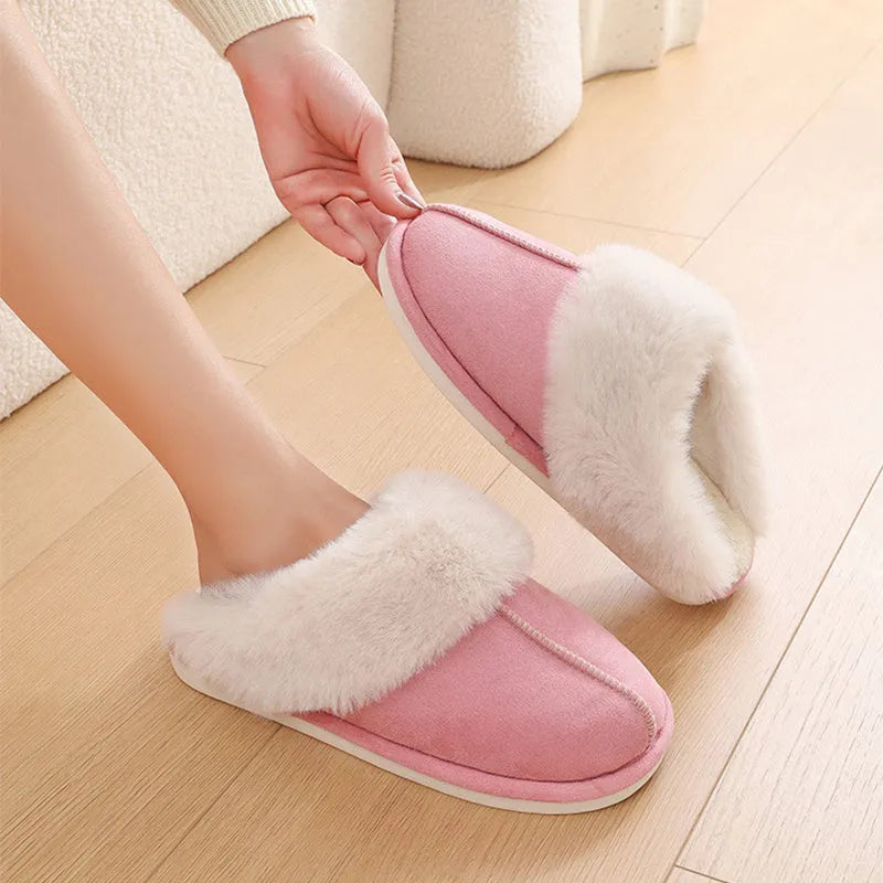 Women's round-toe plush slippers in multiple colours with a non-slip PVC sole.