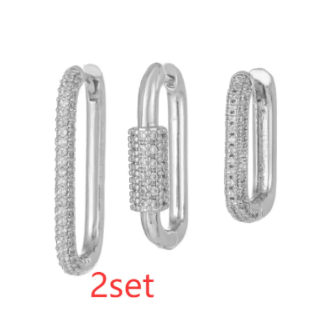 Geometric three-piece ear clip set with micro inlaid zircon stones in gold or white colour