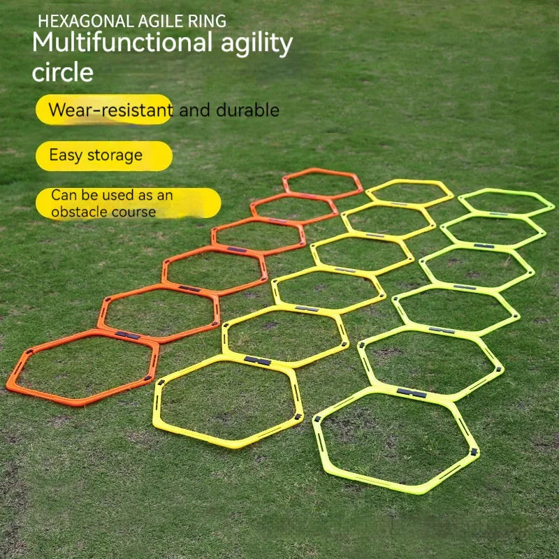 Six foldable hexagon agility training rings in green, orange, and yellow colours for football drills.