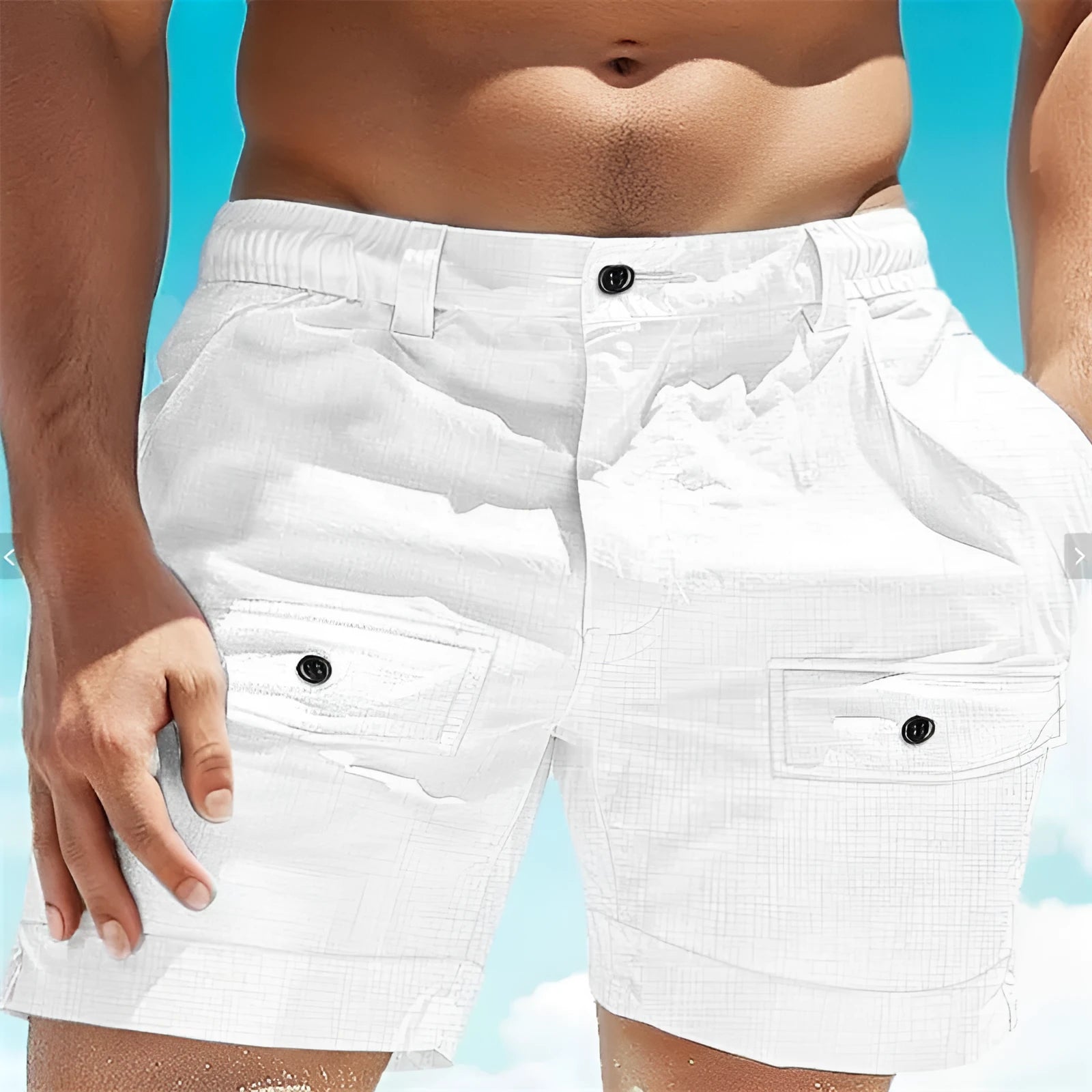 Men's khaki linen shorts with elastic waistband and button pocket laid flat.