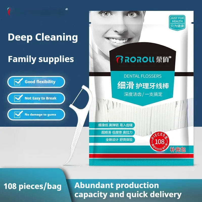 Independently packaged dental floss in portable plastic bag with 100 single-use strands