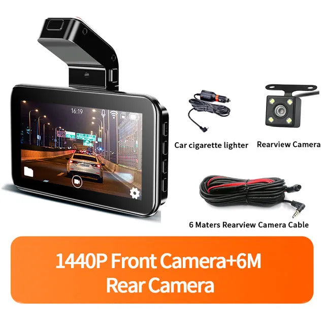 3-inch screen dual lens car DVR dash cam with front and rear cameras on a black unit