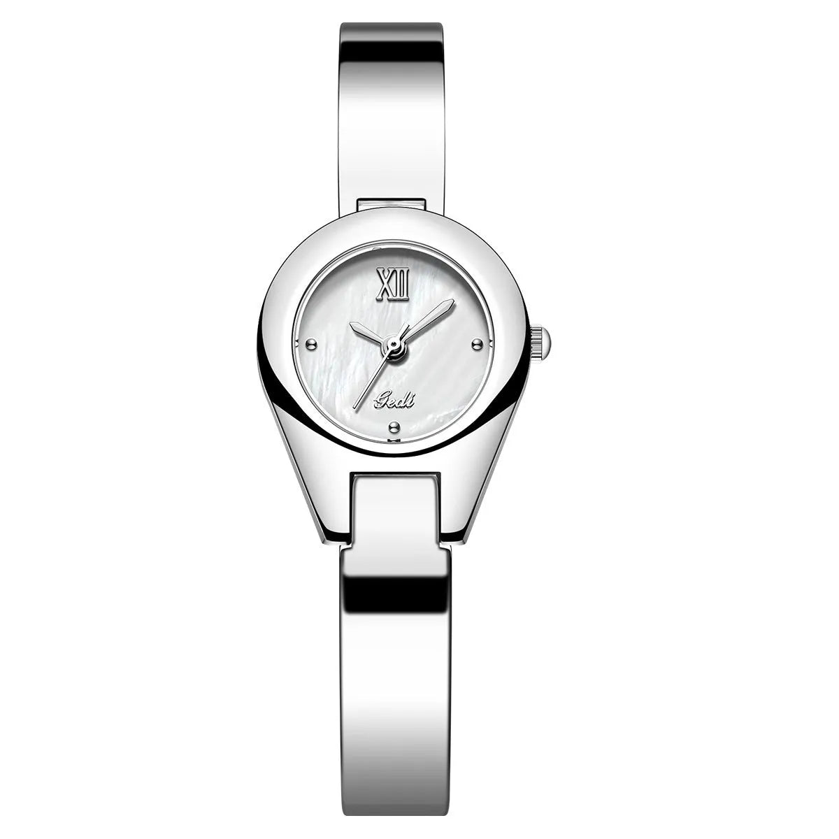 Women's quartz watch with 30mm white shell dial, silver hands, and white strap on display