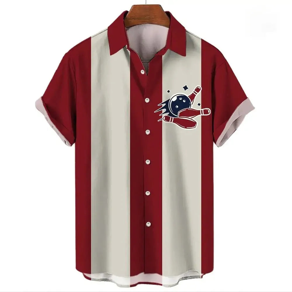 Men's striped Hawaiian shirt with button front and short sleeves in stretch elastic fabric
