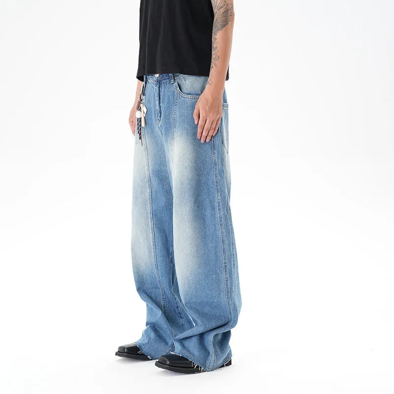 Light blue vintage washed wide leg machete jeans with zip fly closure on size chart