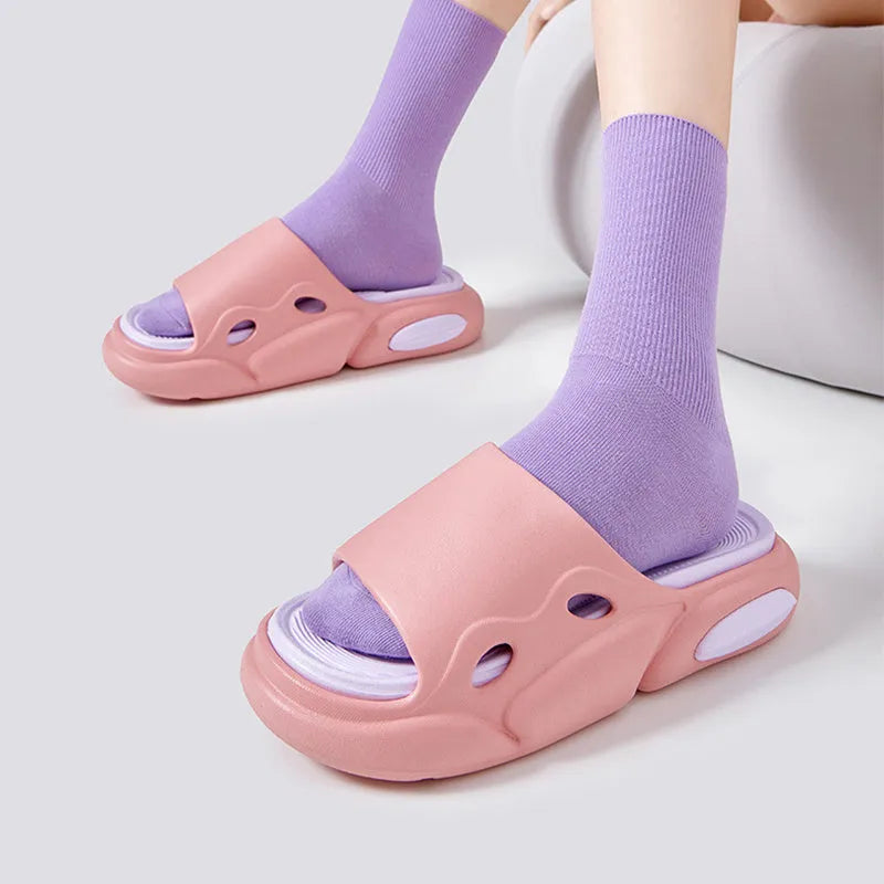 Women's two-colour thick-soled slippers in EVA with leather lining for indoor and beach use