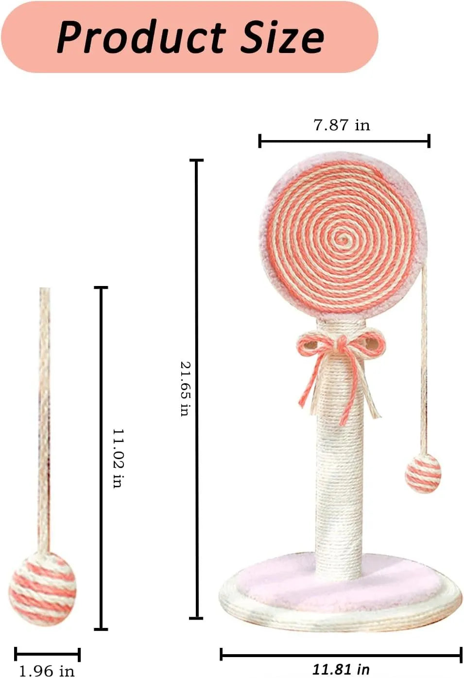Blue cat scratching post with sisal rope and a hanging toy ball on a sturdy wooden base