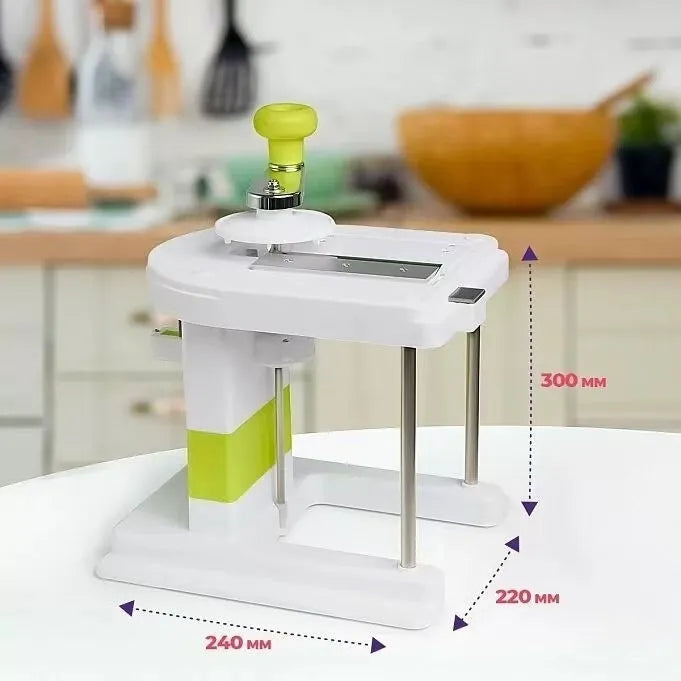 Beige kitchen vegetable slicer tool with stainless steel blades for shredding and spiralising
