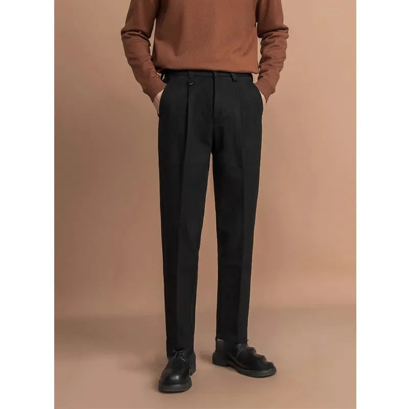 Men's straight-leg casual suit trousers in black, shown with a draped fit.