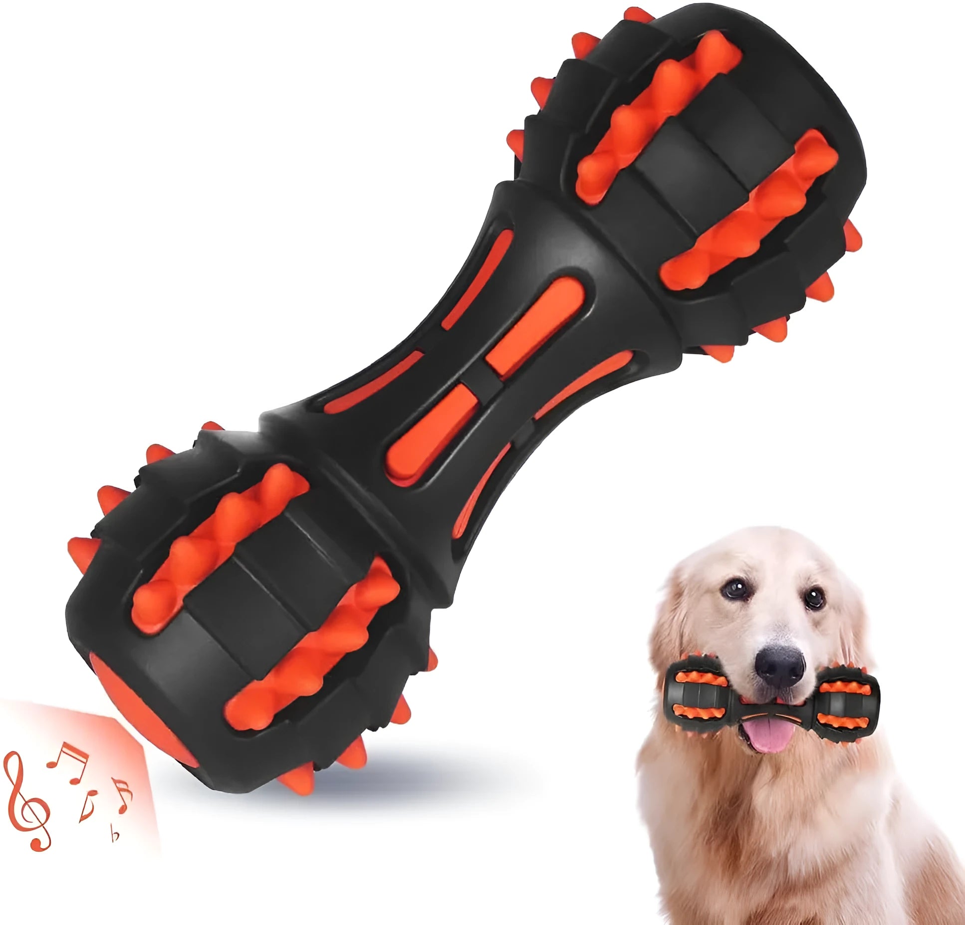 Red dumbbell-shaped rubber dog chew toy for medium and large breeds.