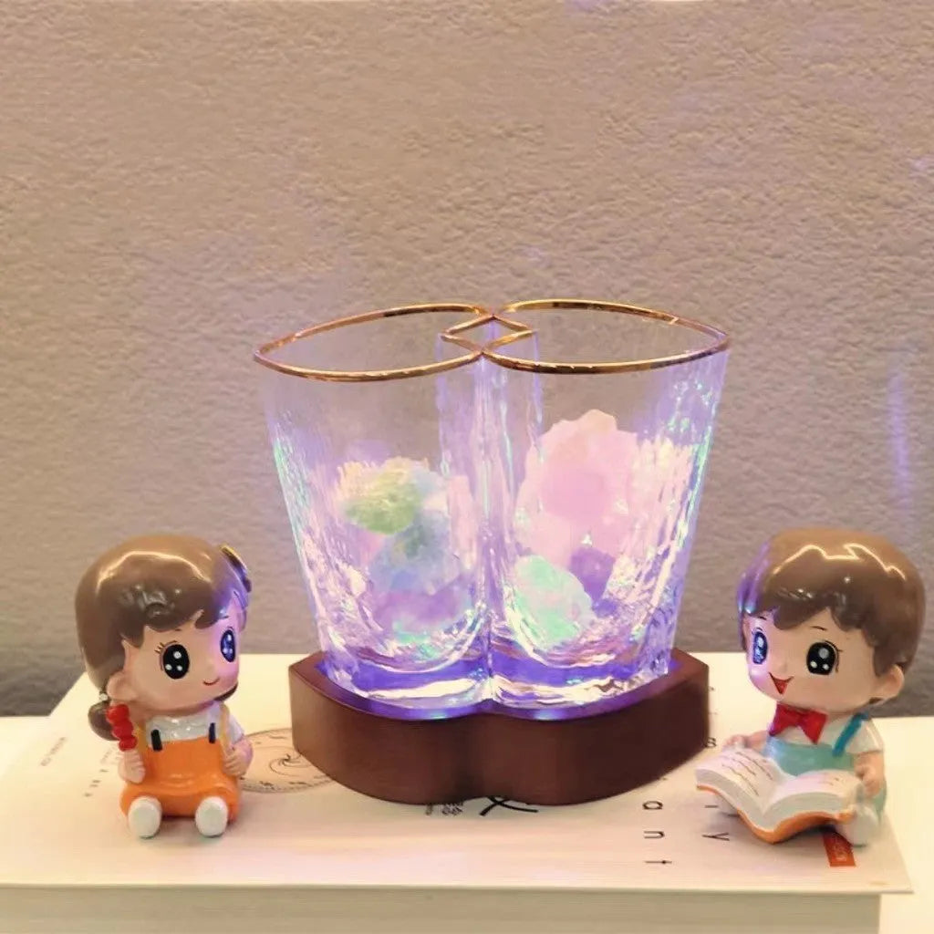 Transparent crystal glass aromatherapy night lamp on beech wood base with USB cable