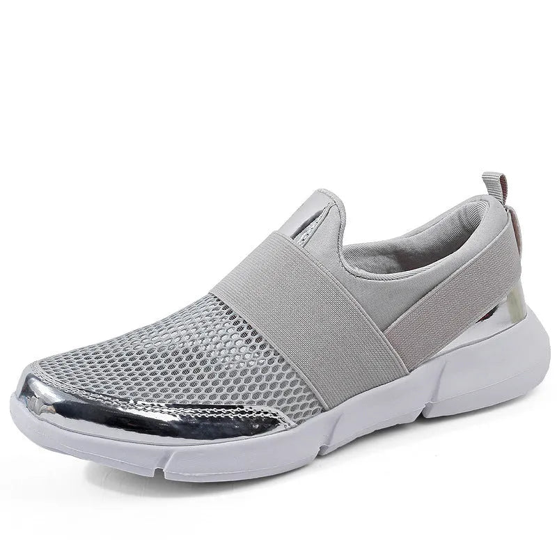 Blue, black, and grey low-top women's casual sneakers with mesh interior and PU midsole.
