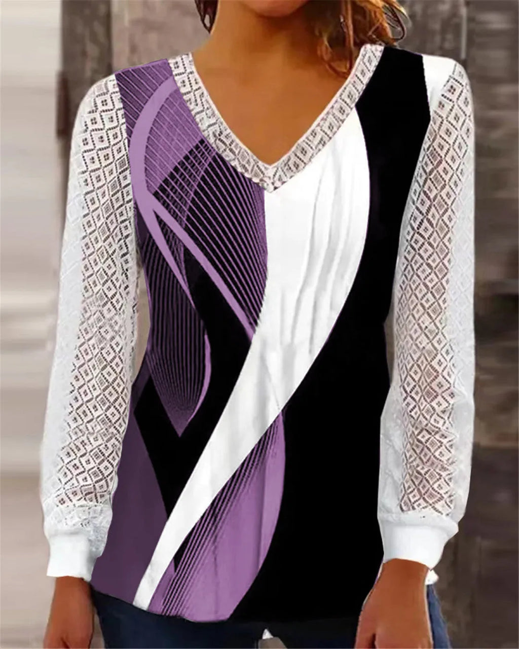 Purple V-neck loose print hollow-out lace top with long sleeves