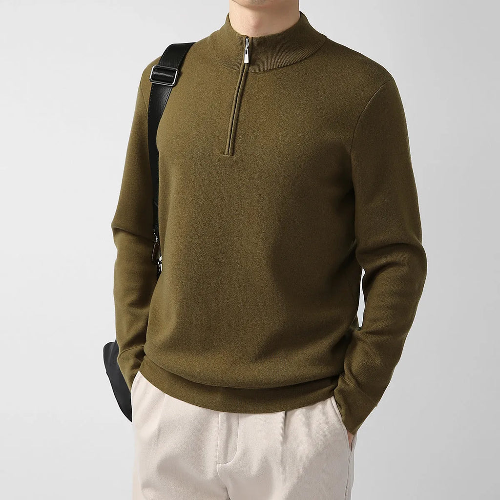 Men's merino wool zip stand collar sweater in regular fit, long sleeves, available in multiple colours