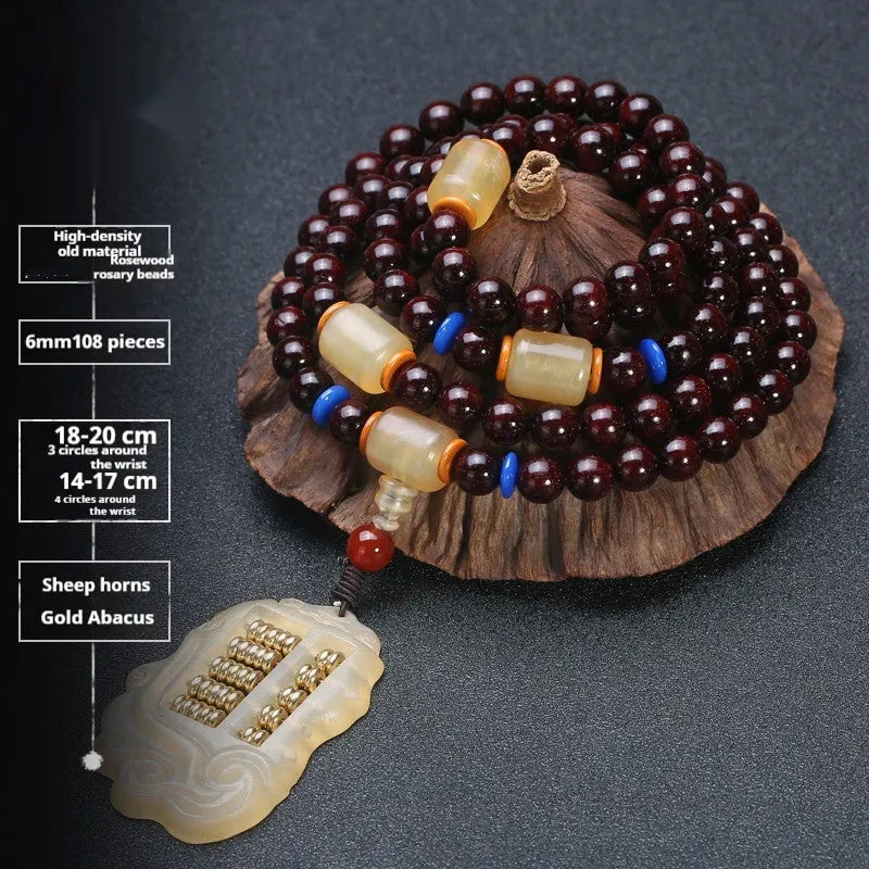 Men's rosewood bracelet with 108 beads, showing 6mm and 8mm size options alongside styles like lapis lazuli and turquoise.