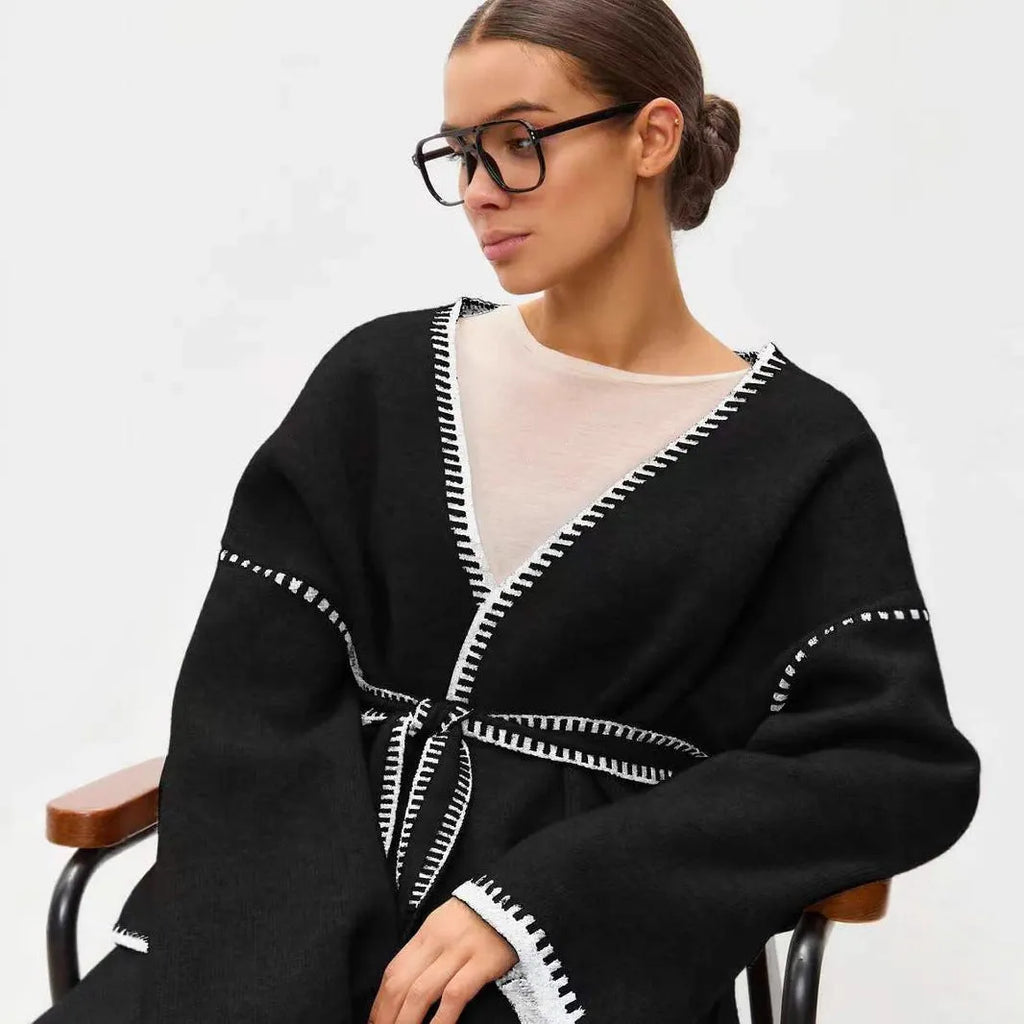 Loose mid-length lace-up knitted cardigan in black, white, or camel colour with thick imitation cashmere fabric