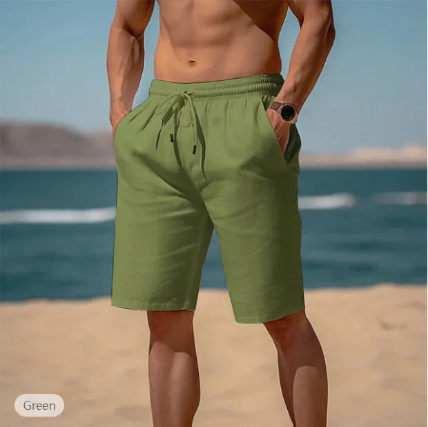 Men's cotton linen drawstring summer shorts with elastic waist and straight leg in solid colour