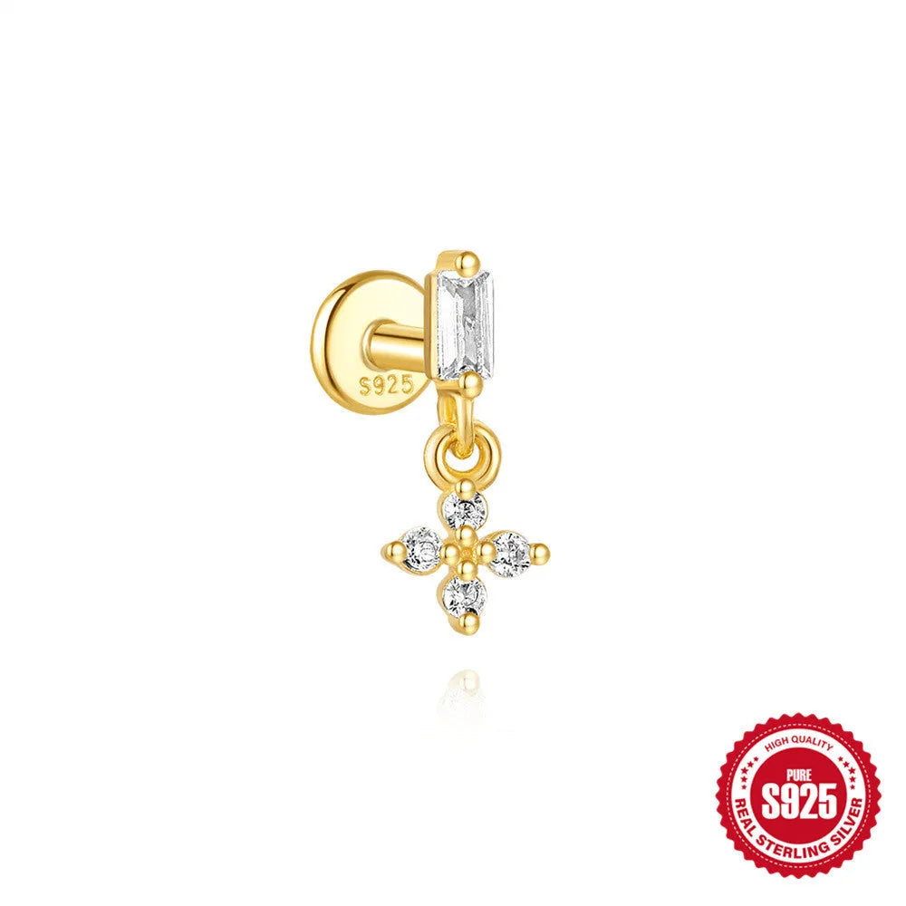 S925 sterling silver water drop shaped earring with a flat spiral puncture pattern, in a gold tone finish.