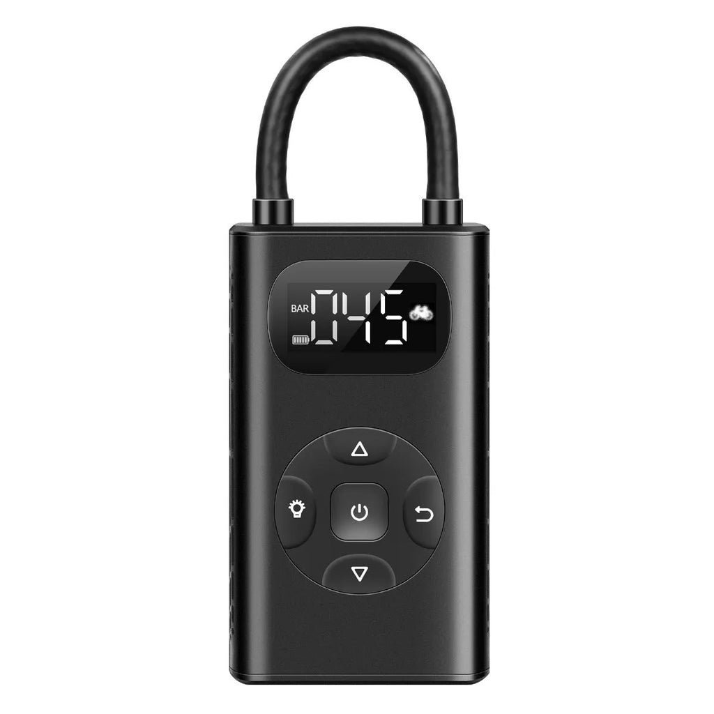 Black portable power bank tyre inflator with USB cable and 16cm hose for cars and bikes