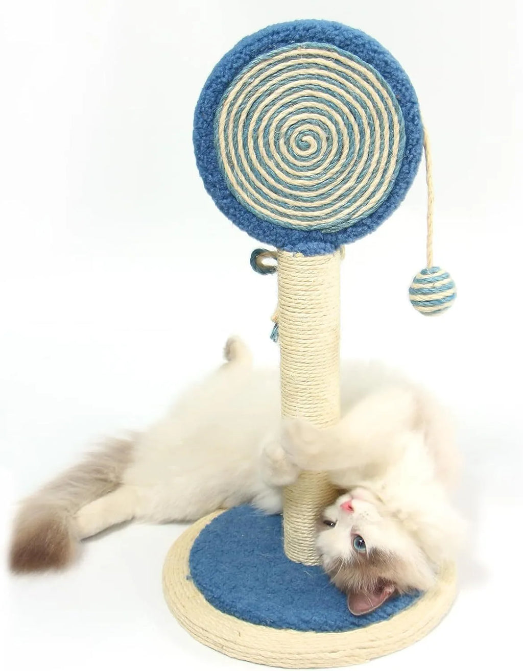 Blue cat scratching post with sisal rope and a hanging toy ball on a sturdy wooden base