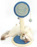 Blue cat scratching post with sisal rope and a hanging toy ball on a sturdy wooden base