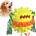 Blue and red TPR rubber squeaky dog ball with treat hole and rope tug.