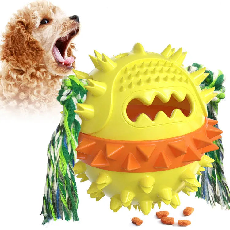 Blue and red TPR rubber squeaky dog ball with treat hole and rope tug.