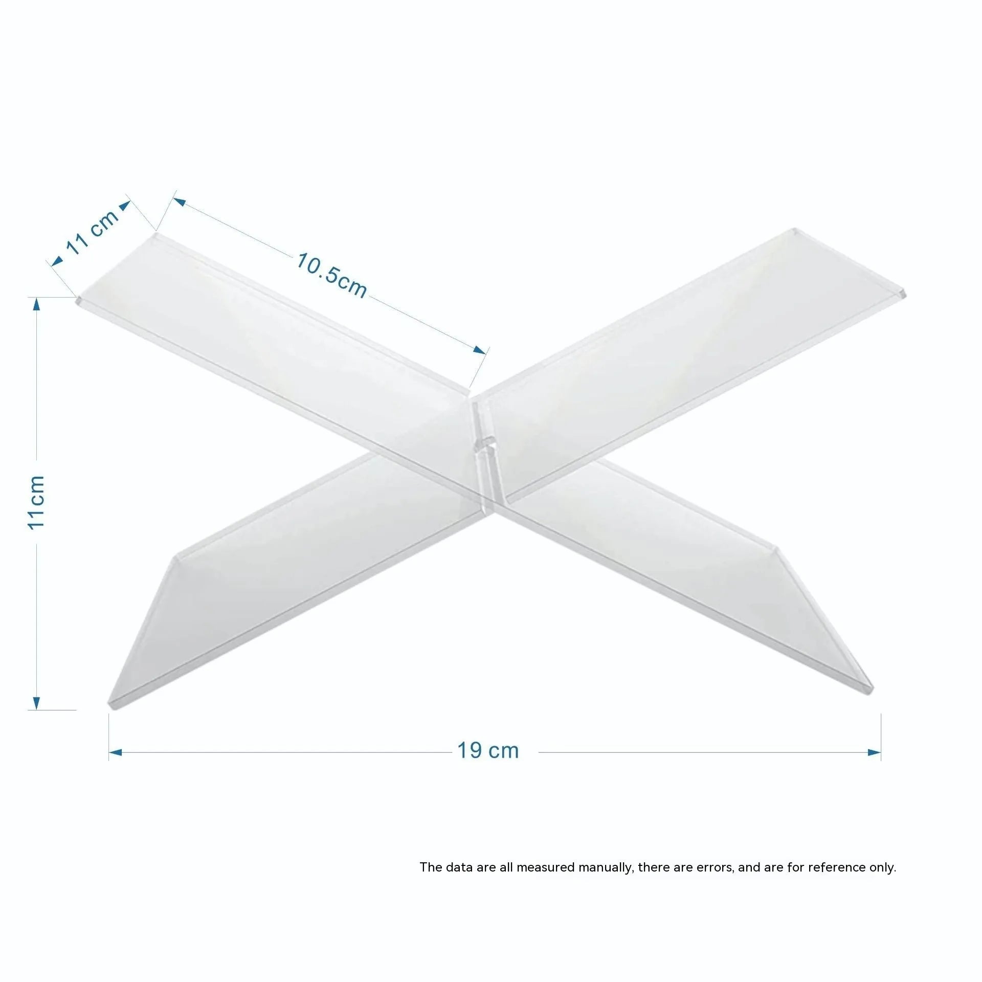 Clear acrylic X-shaped book display stand holding a hardback book on a wooden desk.