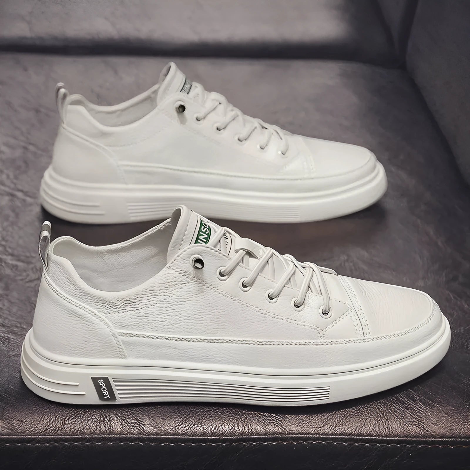 Men's white casual flat shoes with a PU upper and round toe, shown on a light background.