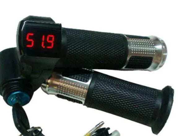 Electric vehicle handlebar control section in blue, red, silver, or yellow colours with IPX4 waterproof rating