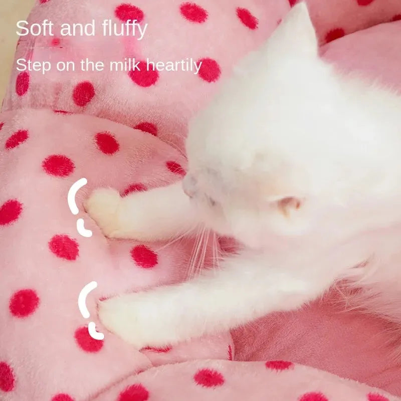 Pink dot circular cat bed showing two size options for pets up to 8 and 20 pounds