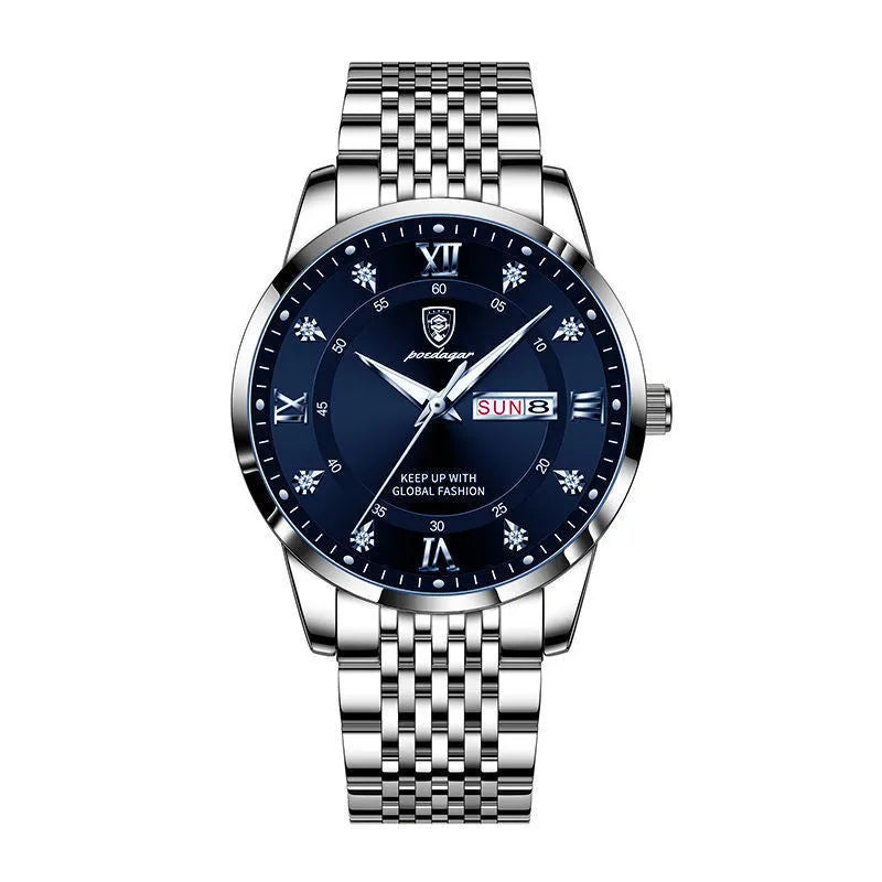 Luminous men's watch Korean fashion with round dial, stainless steel strap, and silver case white dial.