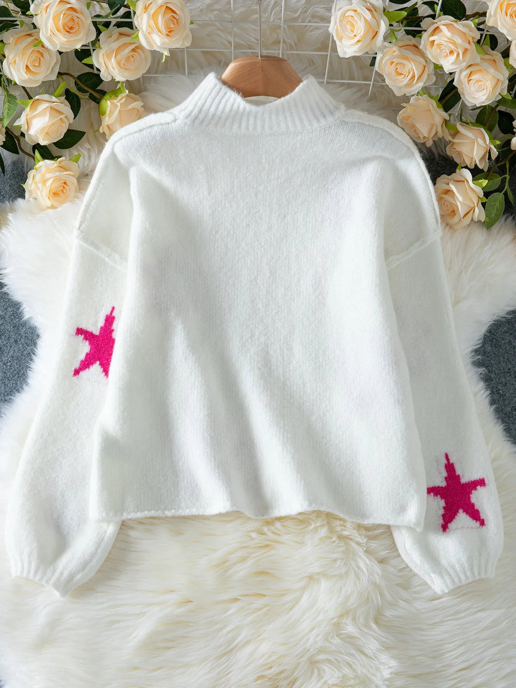 White women's imitation velvet pullover jumper with star pattern and turtleneck design