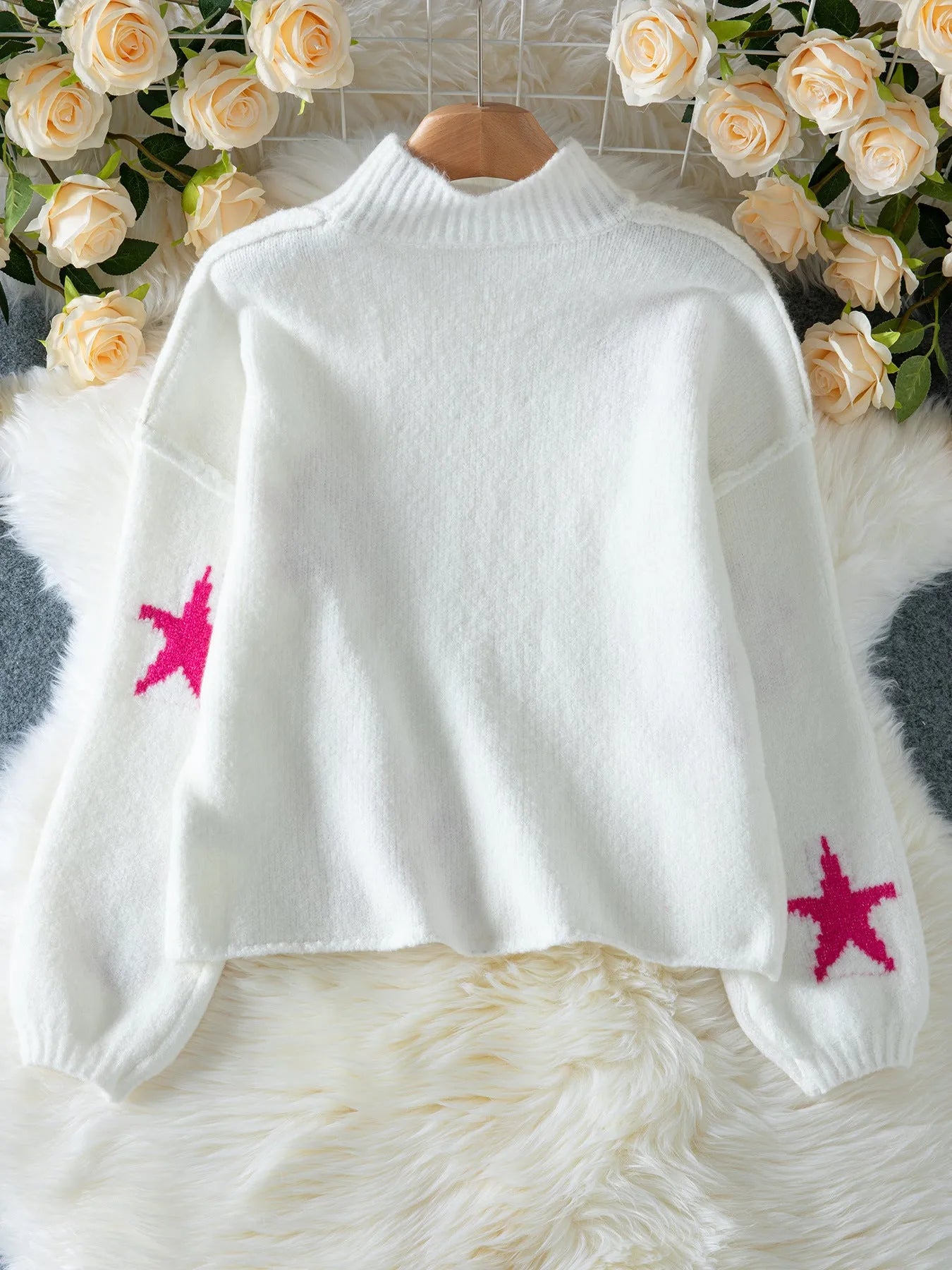 White women's imitation velvet pullover jumper with star pattern and turtleneck design
