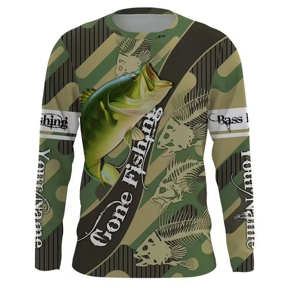 Men's grey round neck pullover top with an all-over printed fish pattern on the front and sleeves.