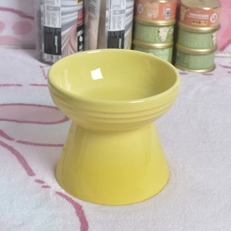 Black ceramic pet bowl with high foot neck protector design for spill prevention