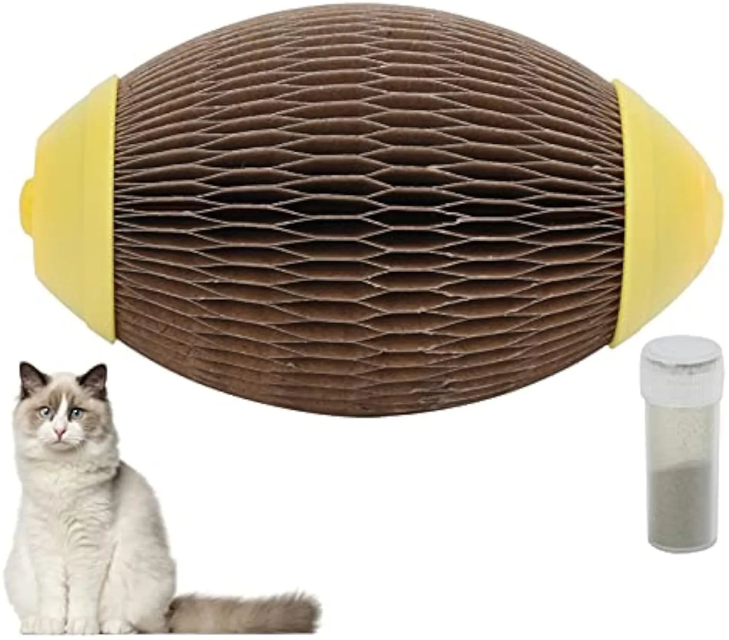 Elliptical corrugated paper catnip football toy measuring 65x108mm
