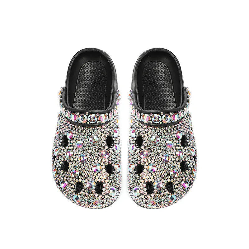 Black women's platform sandals with rhinestone decoration and a thick EVA sole.