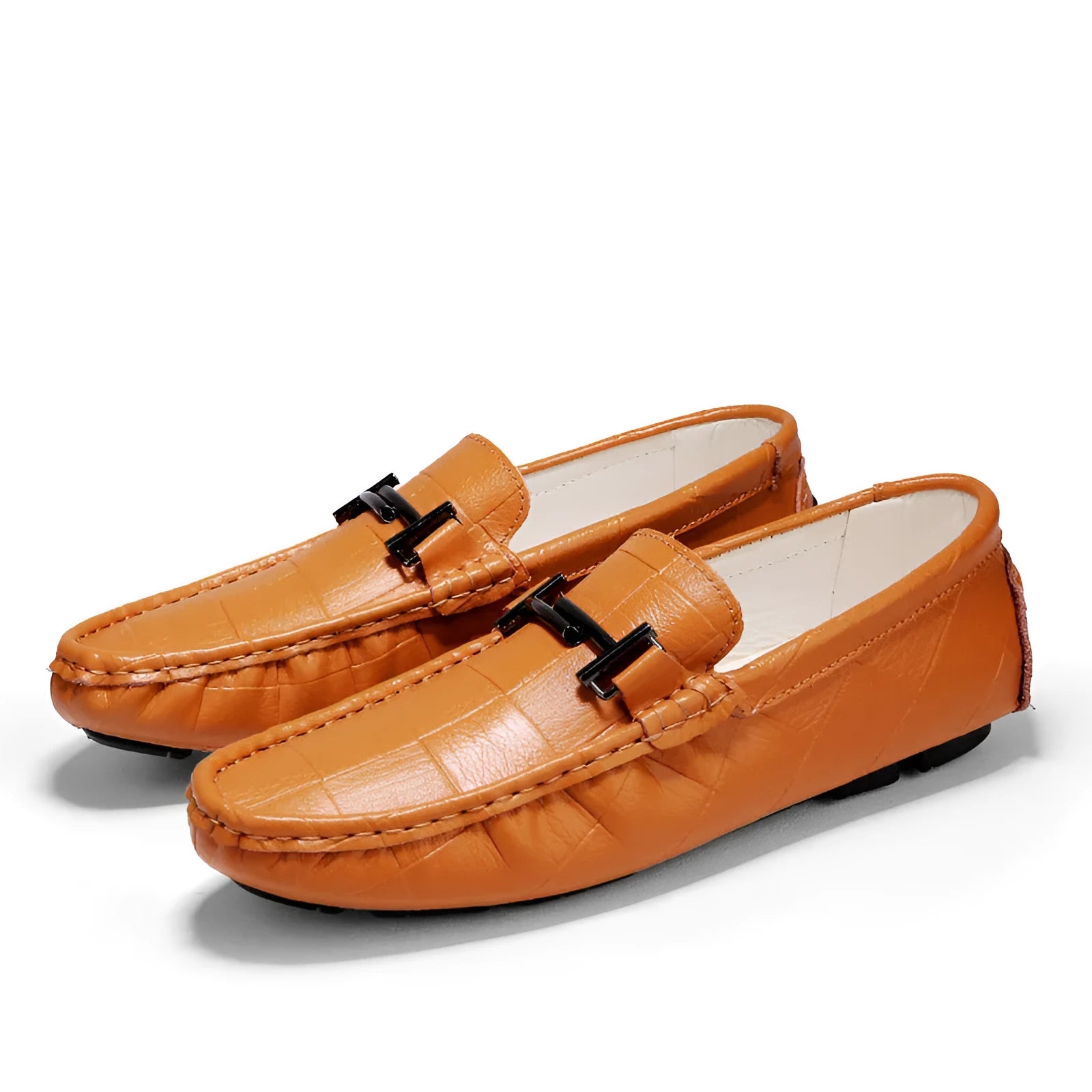 Men's casual leather shoes with belt buckle in multiple colours showing cowhide upper and rubber sole