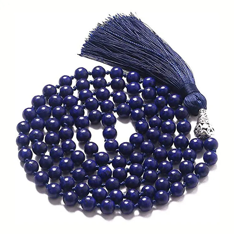 Agate tassel necklace with geometric pattern featuring multiple colourful stones including amethyst and lapis lazuli