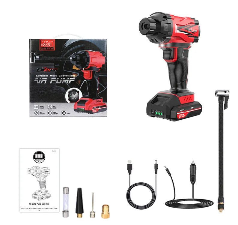 Red and black portable wireless car air pump with battery, power cable, and sports ball adapters