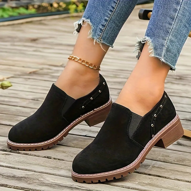Light brown plus size suede ankle boots with elastic band and low rubber sole