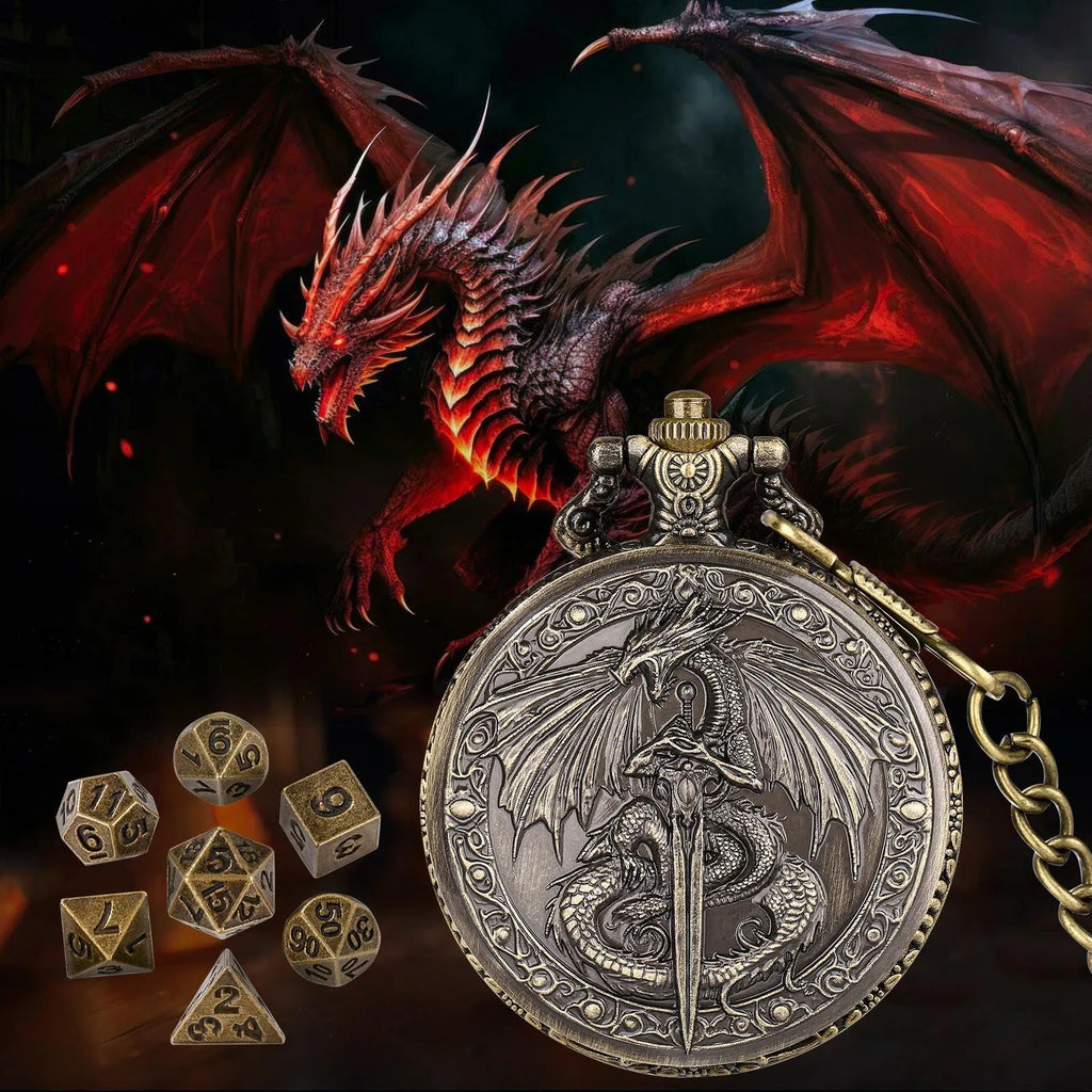 Zinc alloy DND dice storage case with winged beast and sword relief in bronze finish
