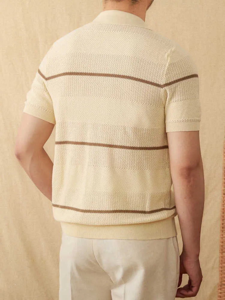 Camel coloured short sleeve knitted cardigan with lapel collar laid flat