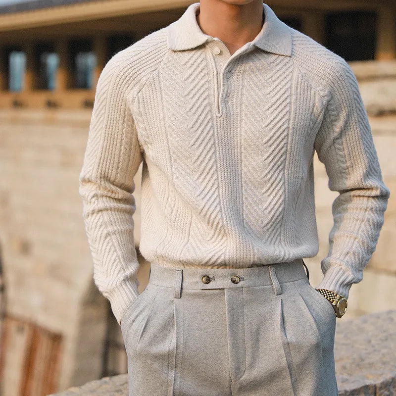 Men's thickened warm base sweater with stand collar in apricot colour, long sleeves, knit fabric