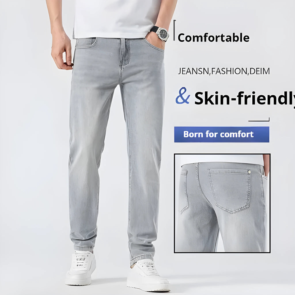 Men's light grey slim straight leg jeans with cotton no-iron finish, straight cut with small tube cuff