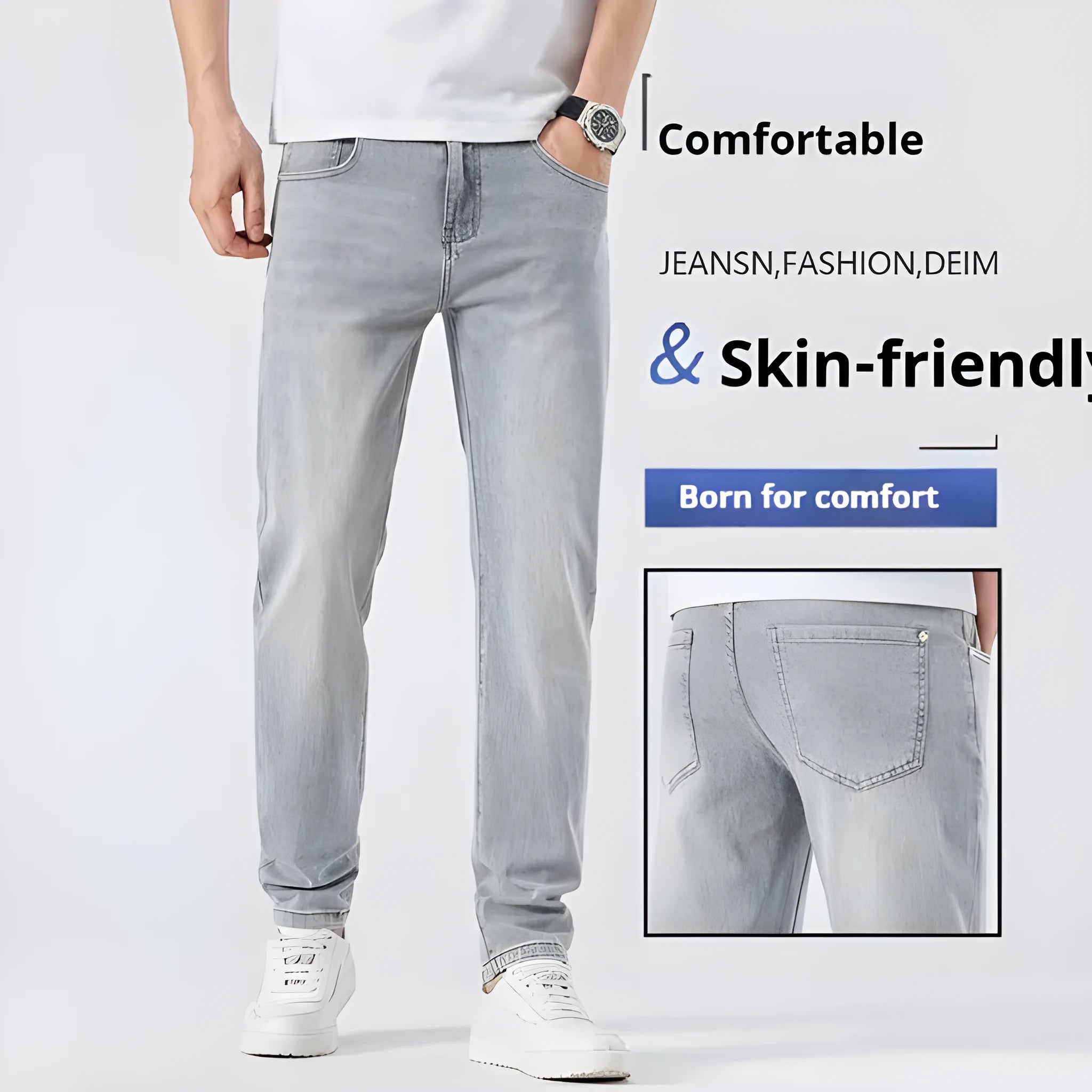 Men's light grey slim straight leg jeans with cotton no-iron finish, straight cut with small tube cuff
