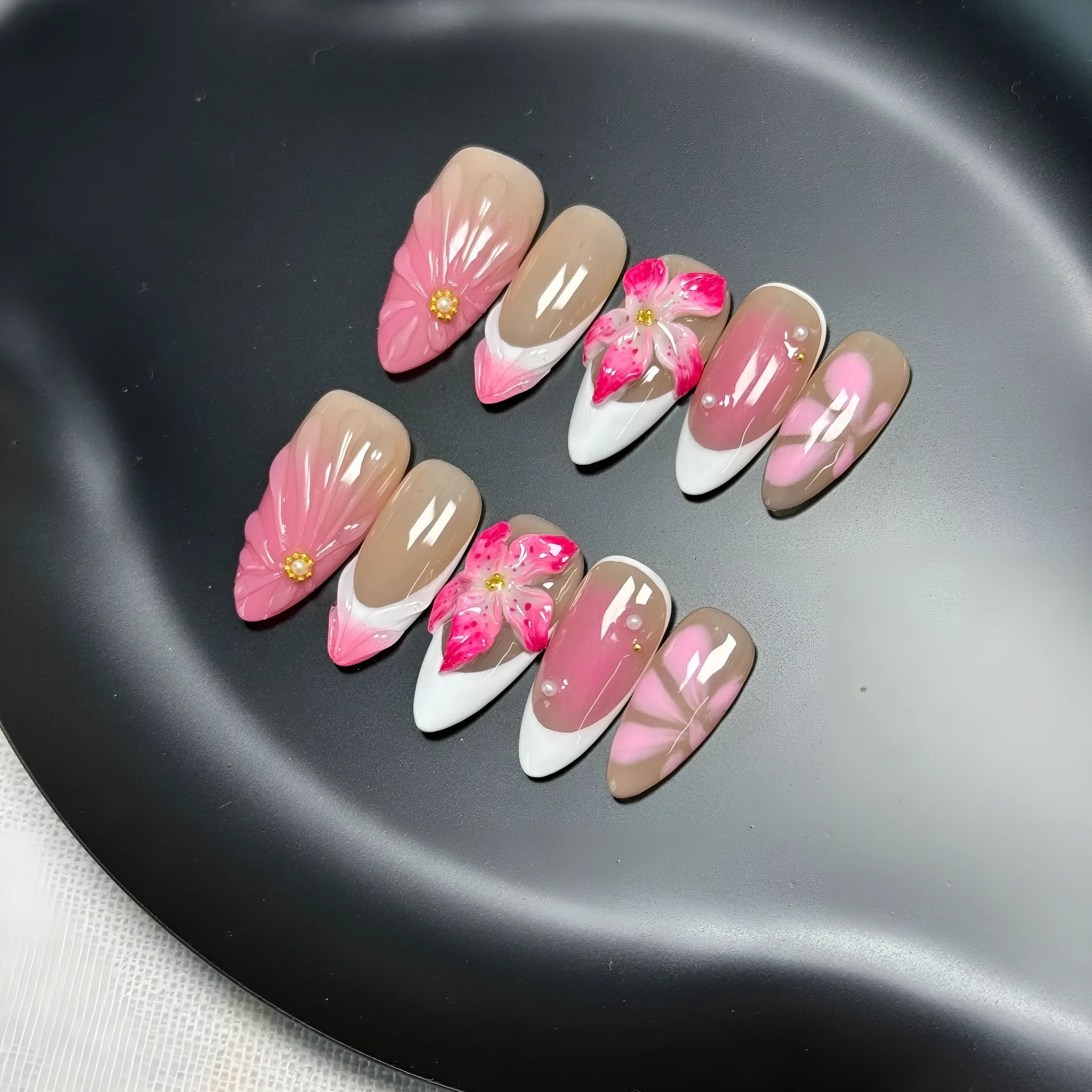 French style three-dimensional lily fluid ice flower nail art stickers in almond shaped plastic armour