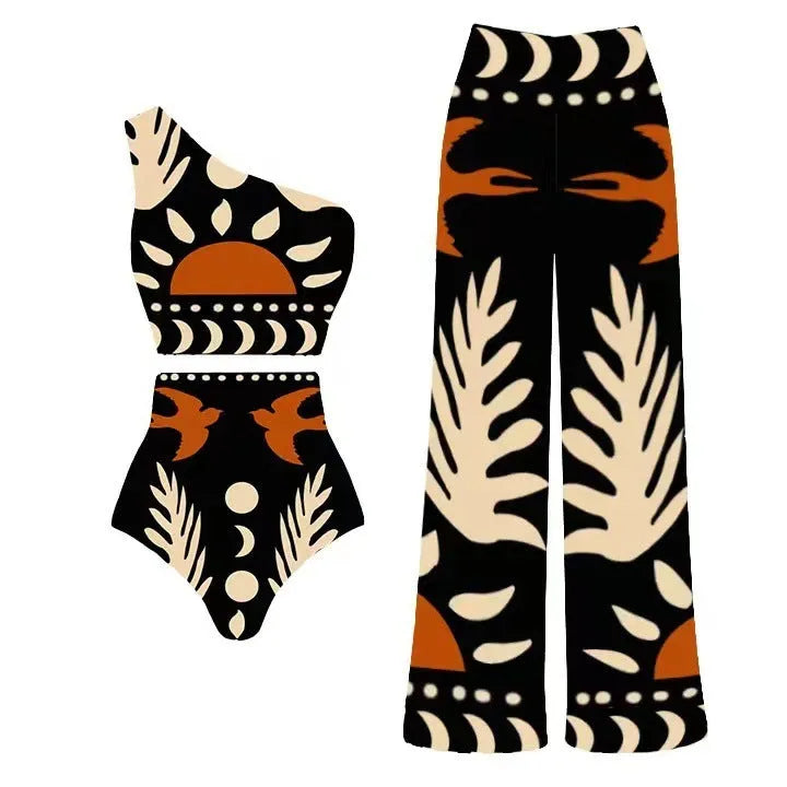 Women's black and yellow one-piece swimsuit with bird print, slit, and one-shoulder style options.