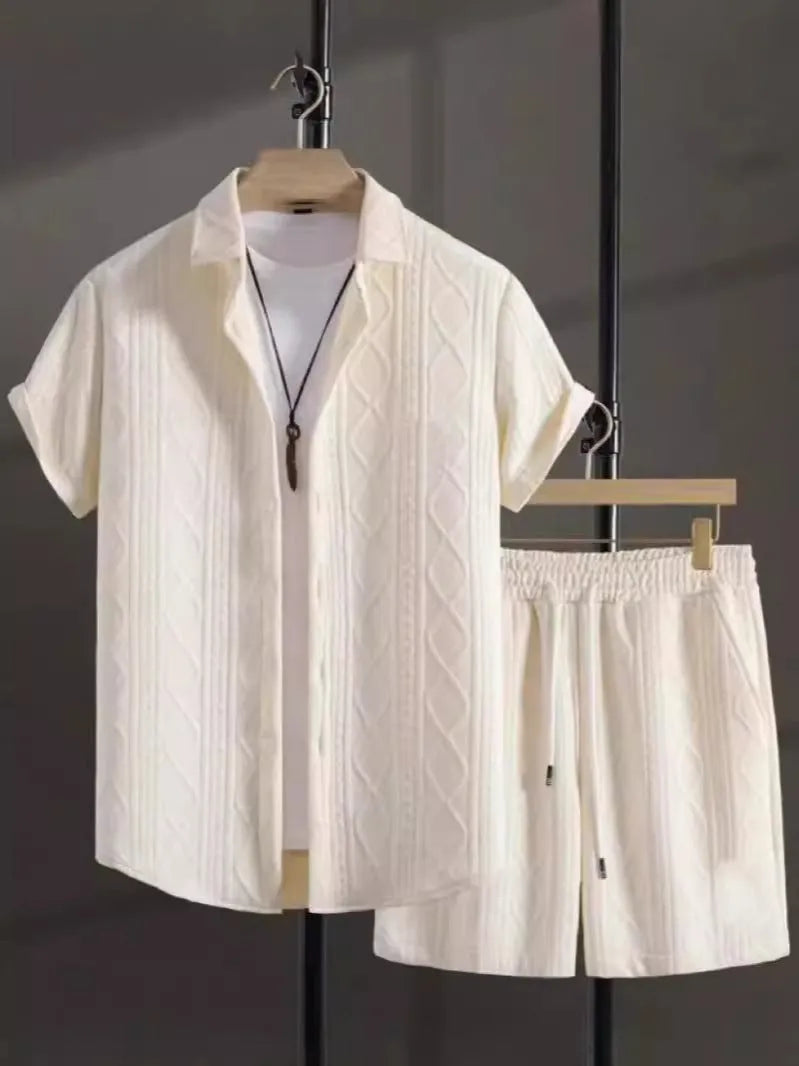 Men's jacquard pattern short sleeve shirt and matching shorts suit set in neutral colour